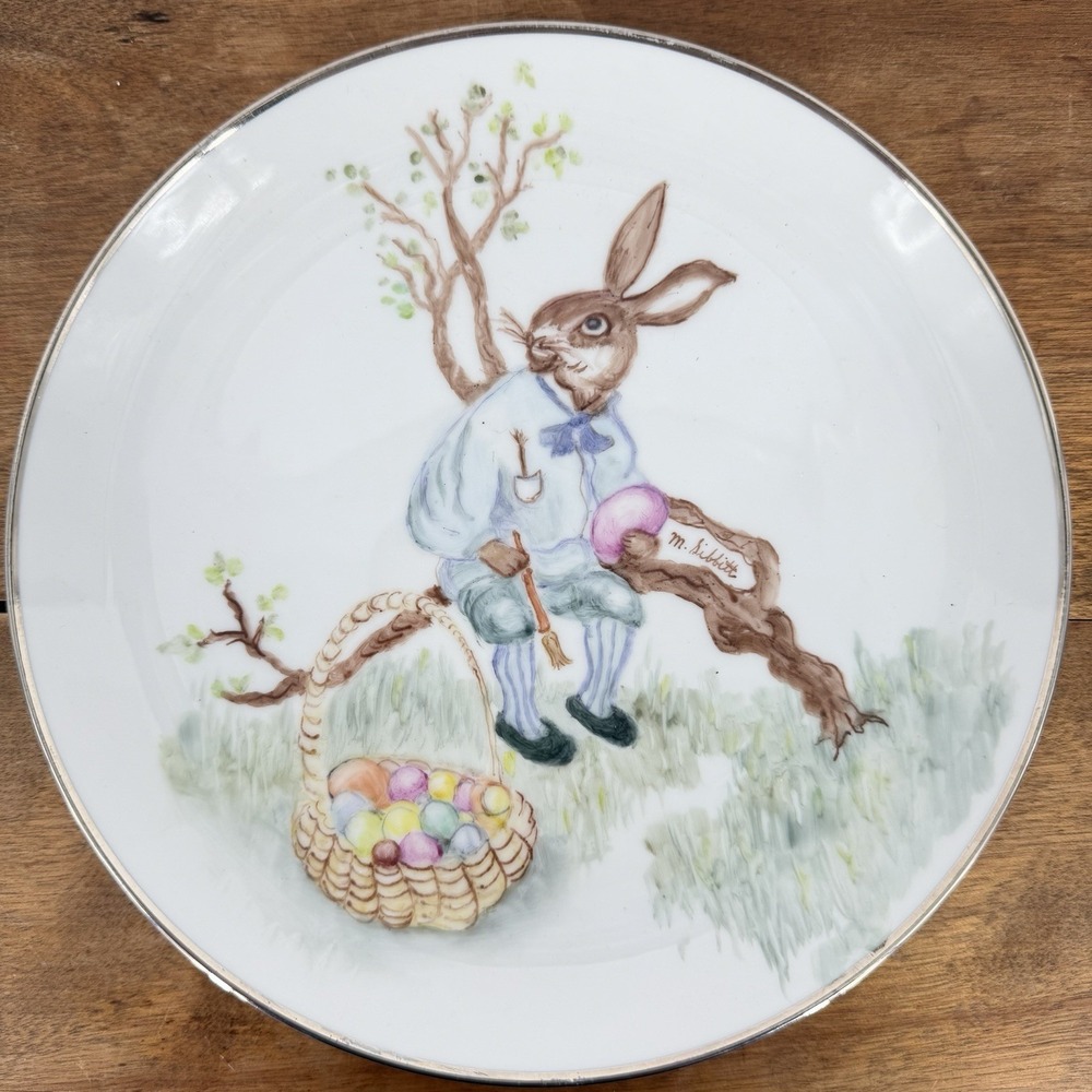VTG Late 20 Century Easter Plate with Hand Painted Bunny Rabbit Eggs Silver Trim